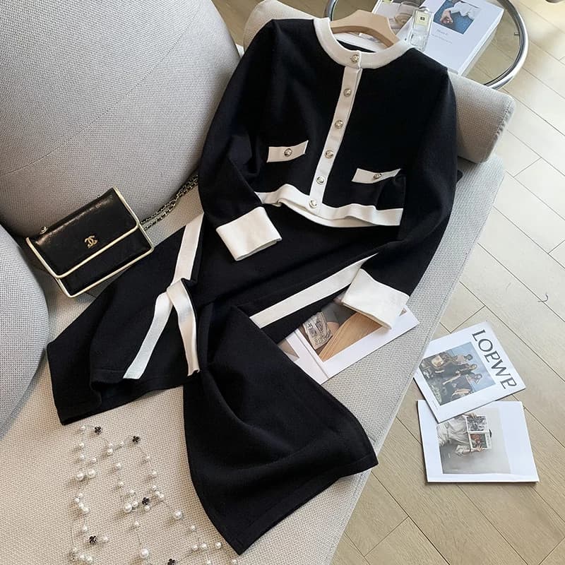 Cardigan à manches longues et pantalon à jambes larges pour femme, pull fendu, ensemble deux pièces,