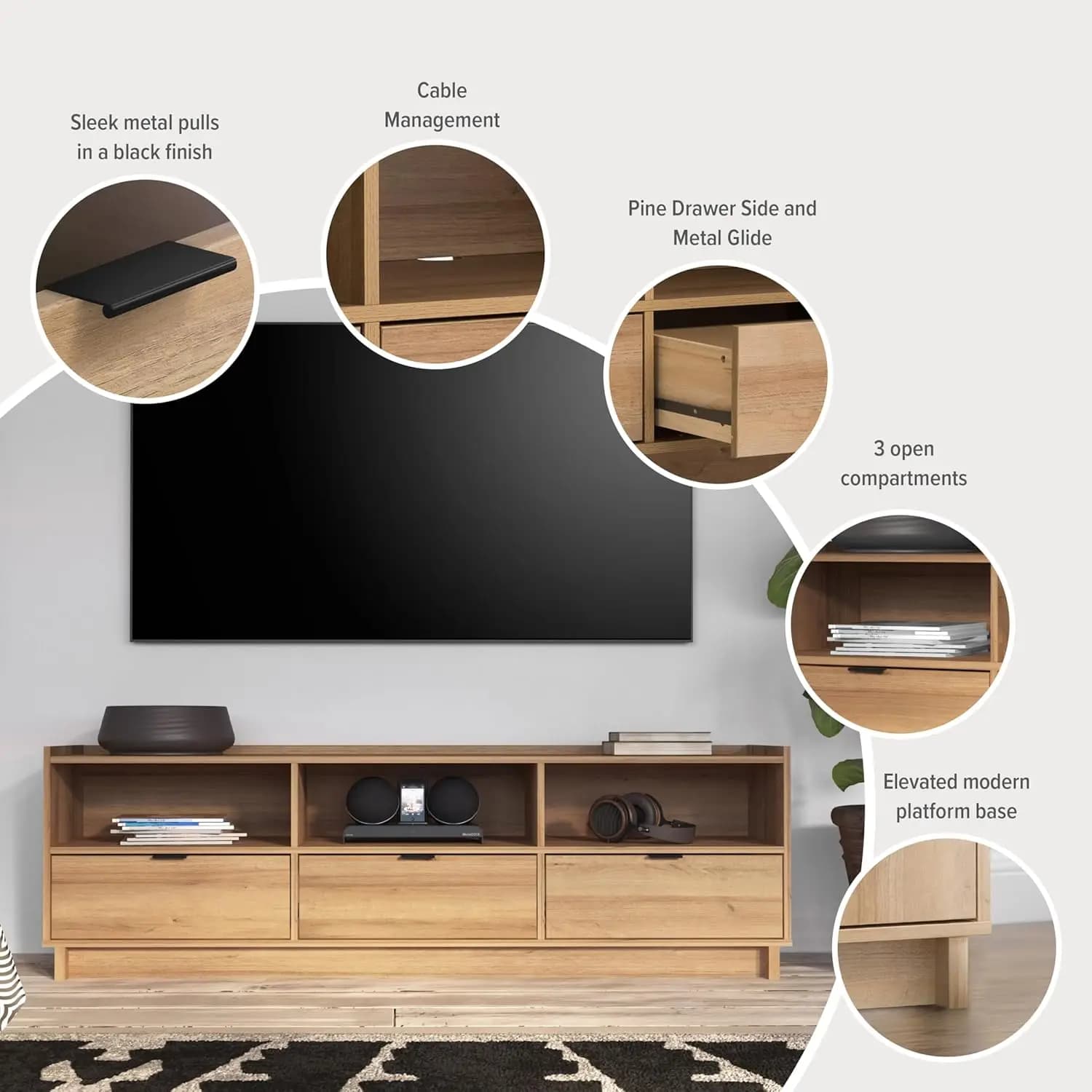 Meuble TV Simply Modern, armoire de rangement en chêne avec étagères, armoire de rangement pour salo