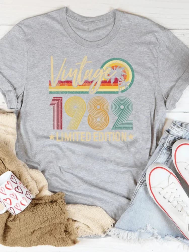 T-shirt manches courtes col rond femme, vintage, édition limitée, imprimé, 1982