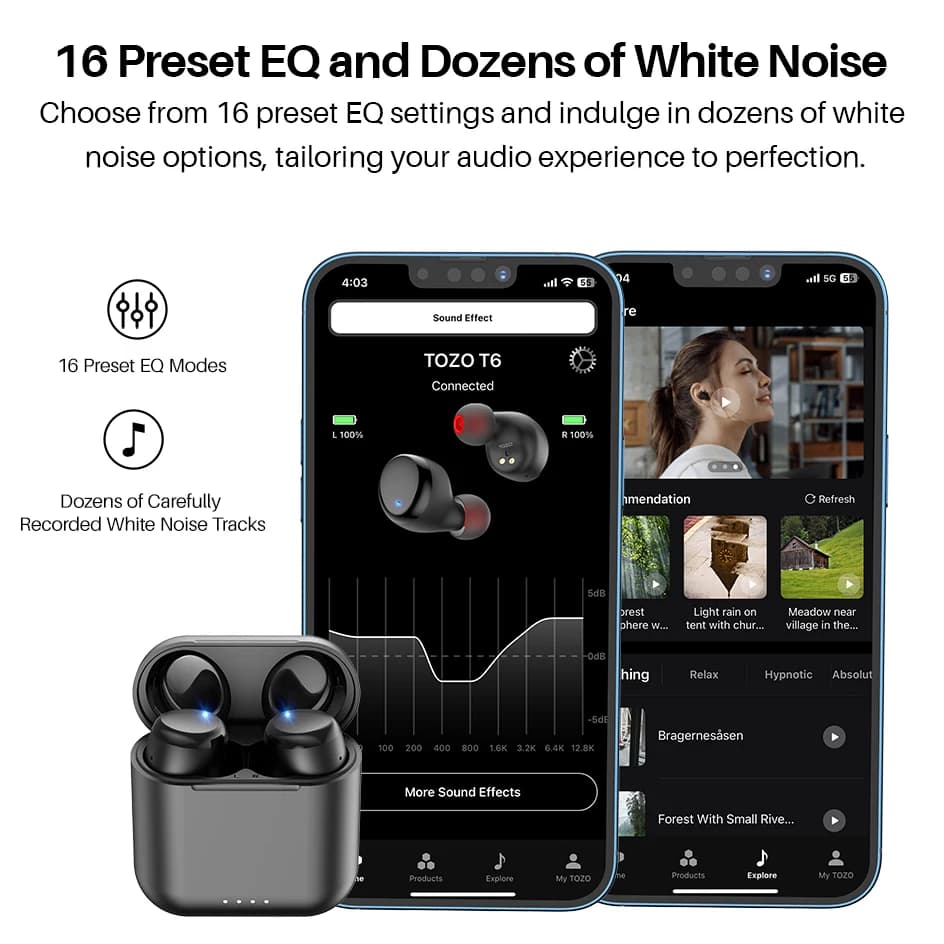 TOZO T6 mise à niveau ergonomique sans fil écouteurs Bluetooth 5.3 casque avec étui de chargement AP