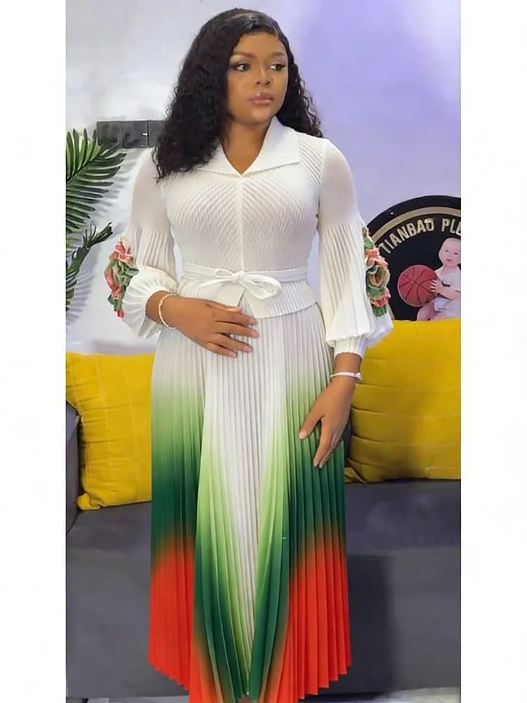EGRM – robe Miyaki à revers, manches lanternes, ceinture, taille amincissante, dégradé plissé, jupe 