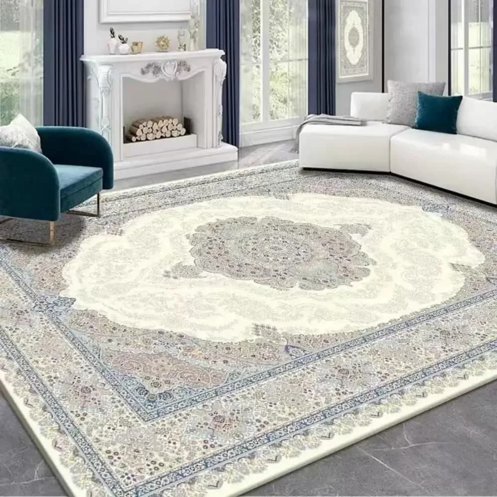 Tapis d'appoint floral oriental persan VIKAMA, tapis de sol vintage bleu et blanc antidérapant pour 
