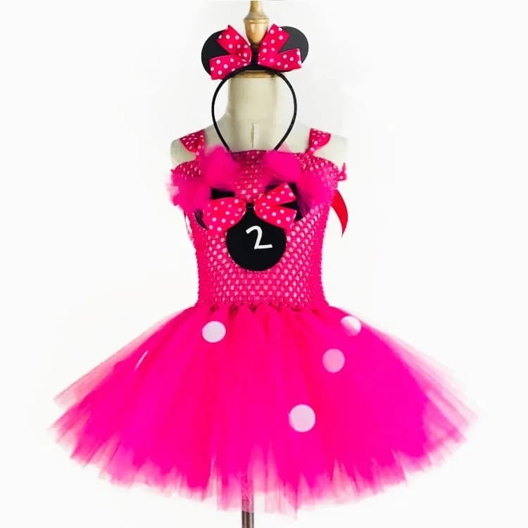 Robe Tutu Mickey rose pour filles mignonnes, en Tulle au Crochet, avec points blancs et nœud pour ch