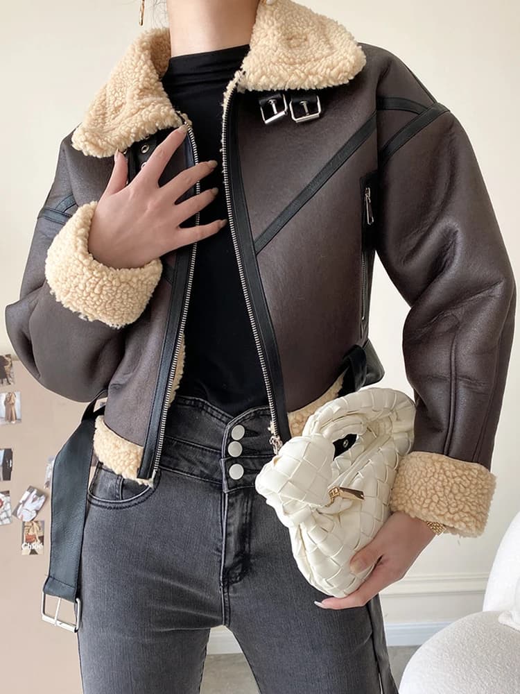 Ailegogo en Fausse Fourrure d'Agneau pour Femme, Streetwear Rétro, Veste avec Ceinture à Fermeture É