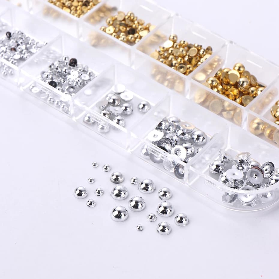 12 grilles de couleurs mélangées or argent plat demi-rond perle ongles pièces Flatback ornement 3D m