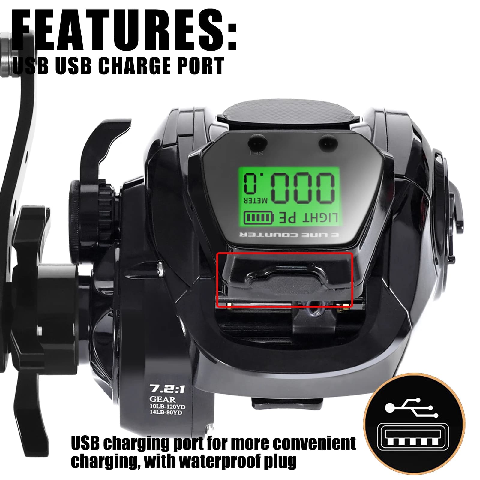 SAMOLLA Baitcasting moulinet de pêche électronique grand écran LED haute vitesse 7.2:1 10kg eau salé