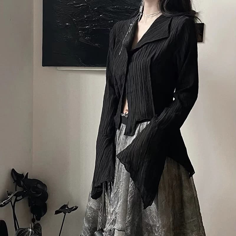 Chemises gothiques noires pour femmes, coréen, académique foncé, conçu, hauts irréguliers, mode prin