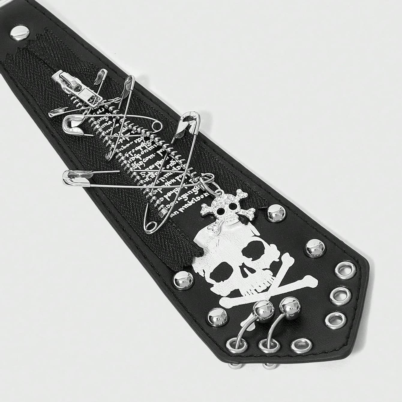 Cravate Y2K Punk pour Hommes et Femmes, avec Fermeture Éclair Cloutée, Imprimé Crâne et Lettres, Acc