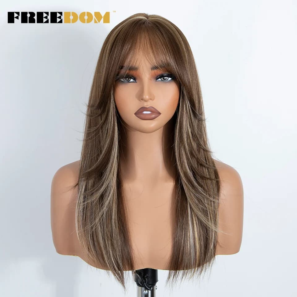 Perruque synthétique FREEDOM à franges droites avec frange, 20 pouces, ombré brun blond, pré-coupée,