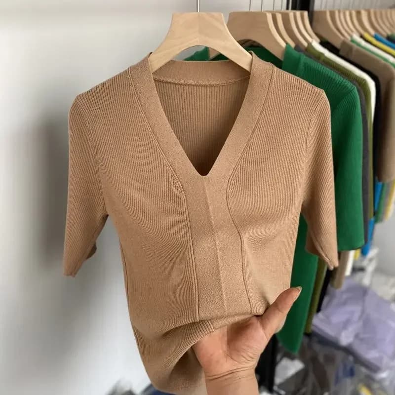 T-shirt à Manches Courtes et Col en V pour Femme, Slim et Décontracté, Couleur Unie, Vert, Été 2025