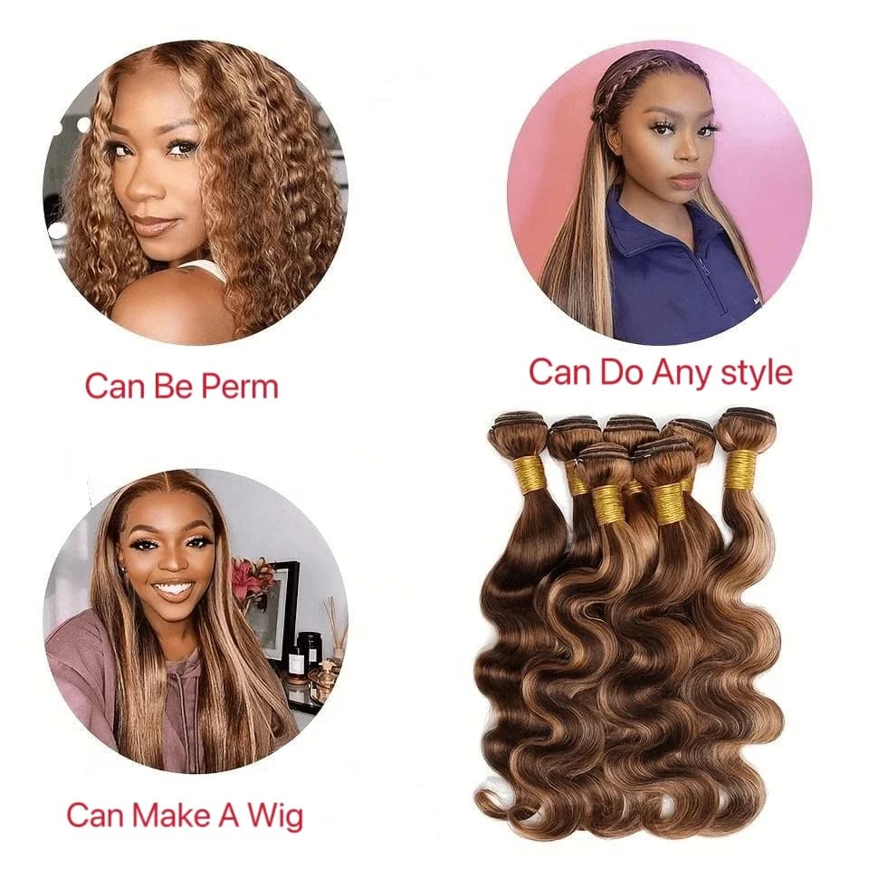 Extensions de cheveux humains naturels bruts Remy, Ondulation Body Wave, Couleur Ombrée avec mèches 