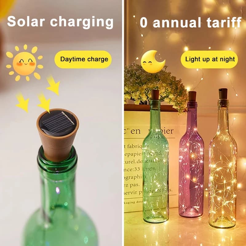 Guirlande solaire LED en fil de cuivre, 1M, imperméable, bouchon de bouteille en forme de fée, décor