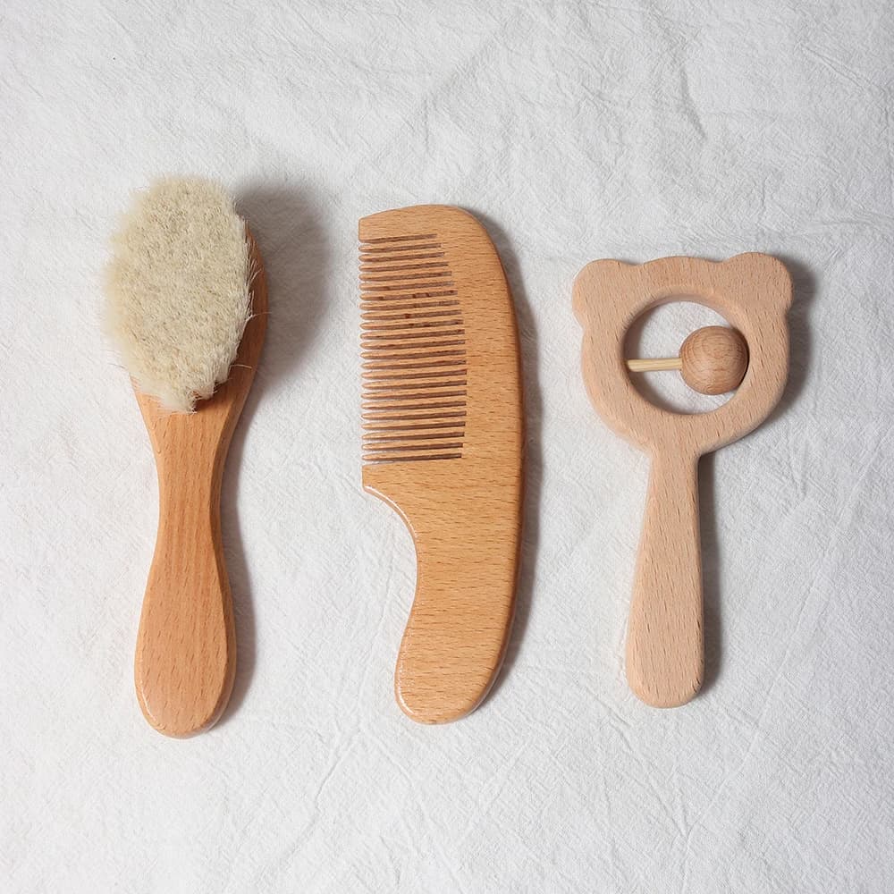 Ensemble de brosses et peignes pour bébé, coffret cadeau pour nouveau-né, laine naturelle, hêtre, pe