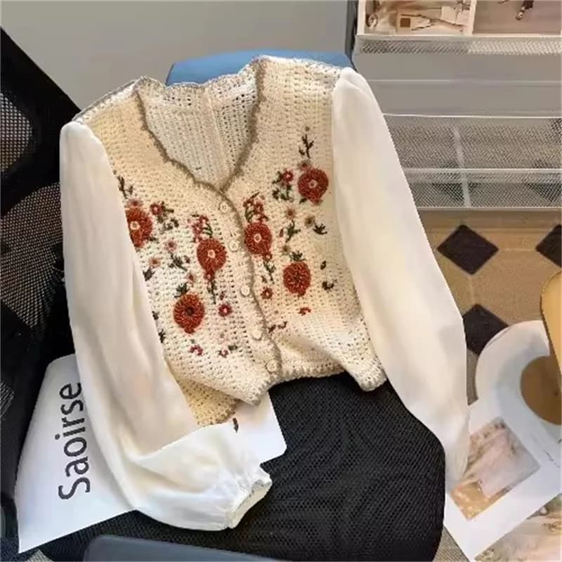 Cardigan Brodé Rétro à Manches sulfpour Femme, Petit et Faux Deux, Top, Pull, Printemps et Automne