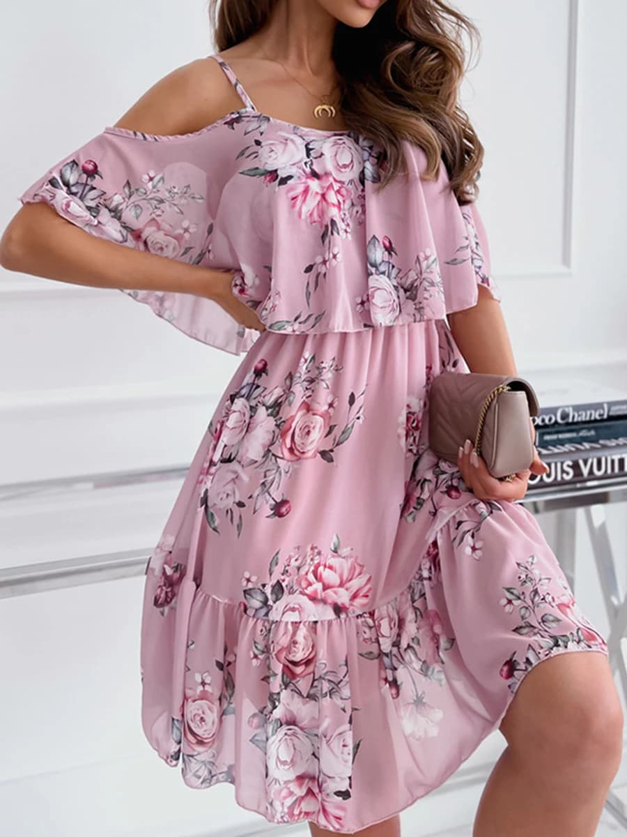 Robe en mousseline de soie à imprimé floral pour femmes, robe d'été sexy à bretelles, robe d'été élé