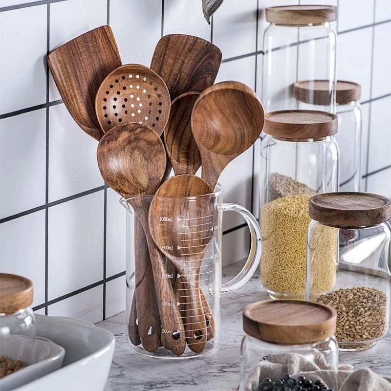 Cuillères de cuisine en bois de teck lisse, ustensiles de cuisine en bois antiadhésifs, ensemble de 