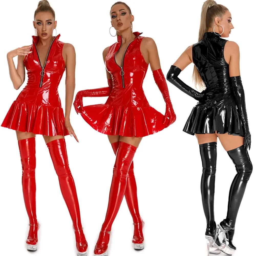 Robe fourreau en cuir brillant pour femme, mini jupe en latex, jupe courte plissée en saillie, expos