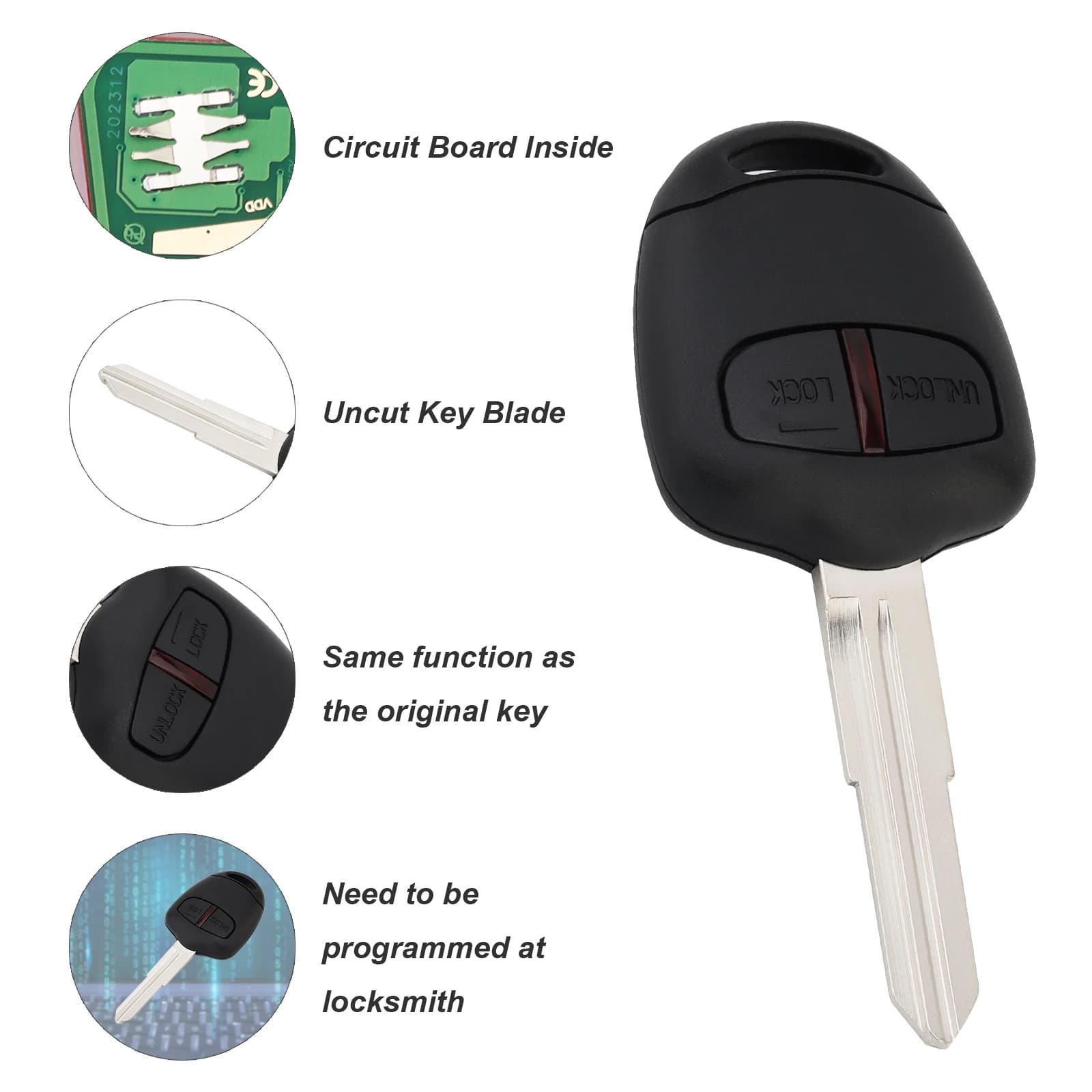 Clé télécommande à 2 boutons 433Mhz, avec puce ID46 et lame non coupée, pour MITSUBISHI Outlander/Pa