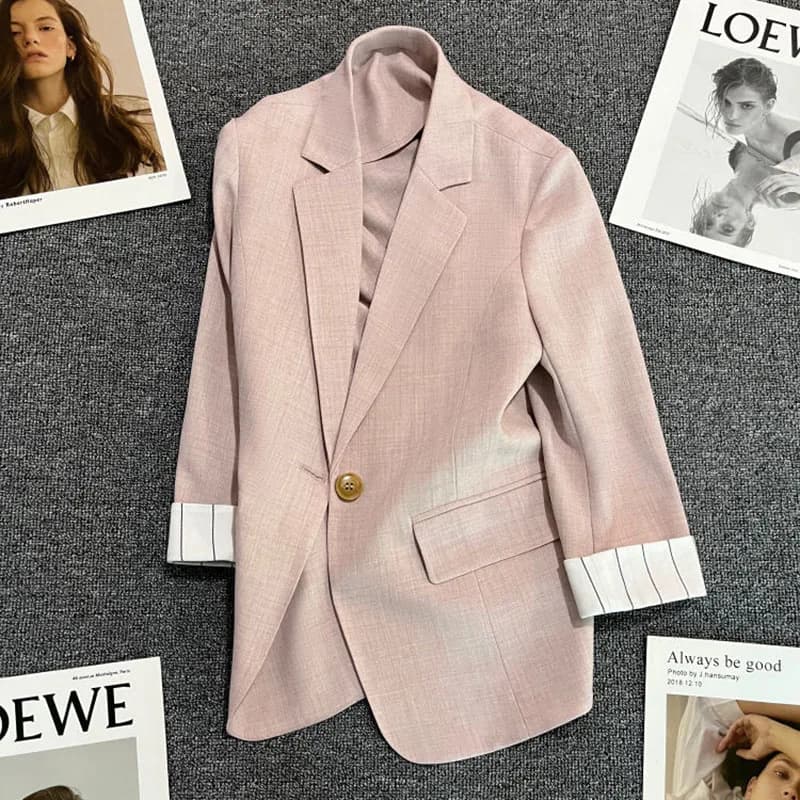Veste fine rayée avec poignets d'abricot pour femme, manteau imbibé, blazer décontracté, mode coréen