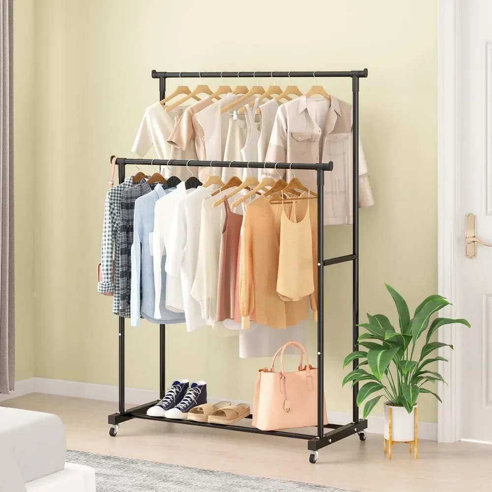 Porte-manteau mobile Double étagère à vêtements tige Simple vêtements sur pied chambre cintres de so
