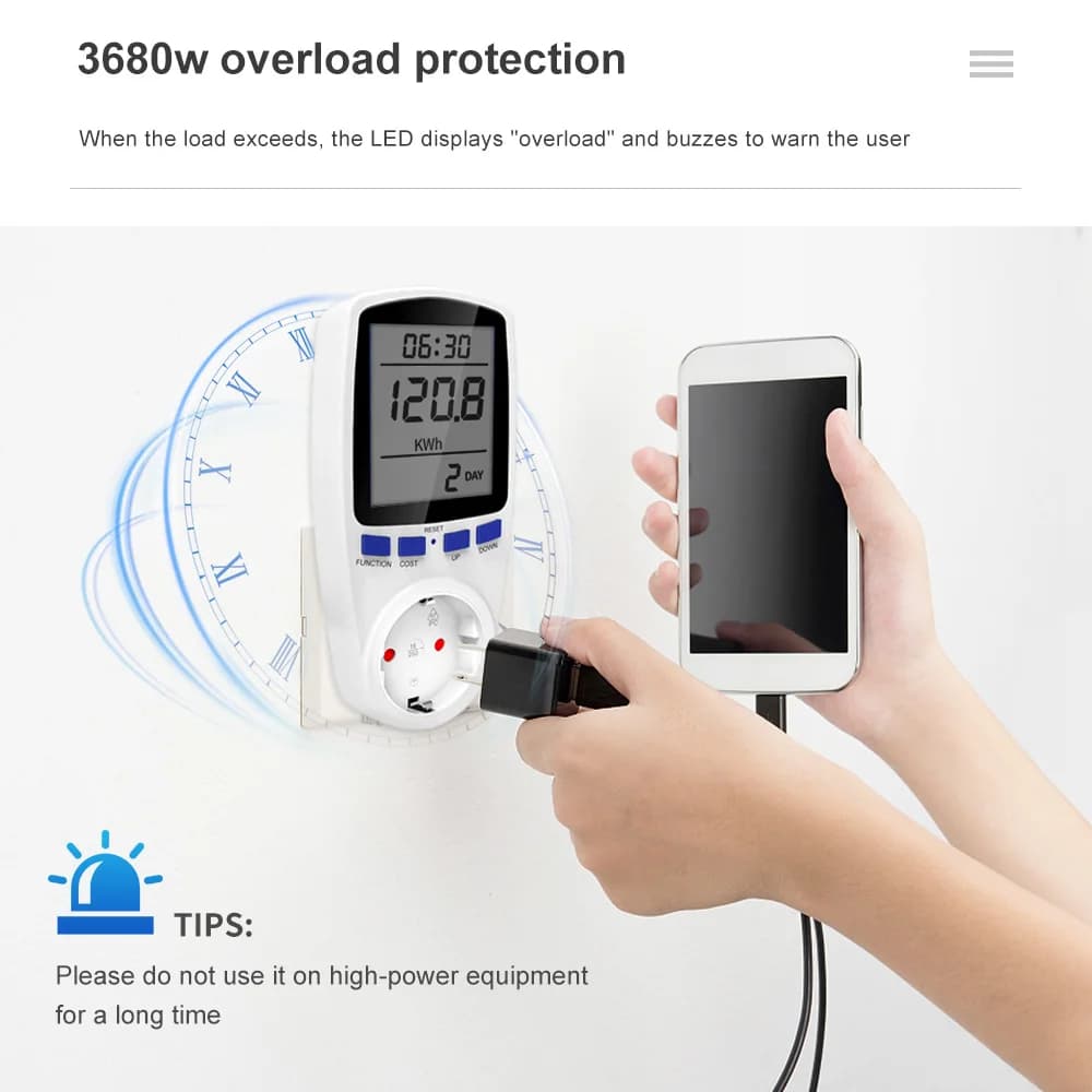 Prise de wattmètre LCD numérique, puissance souveraine, compteur d'énergie h, AC 220V, prise UE, ana