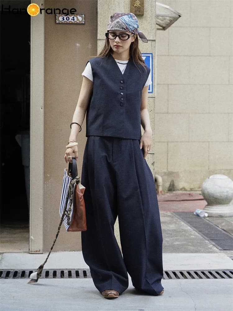 HanOrange 2025 début automne Simple gilet court + pli courbé jambe large pantalon femmes 2 pièces en