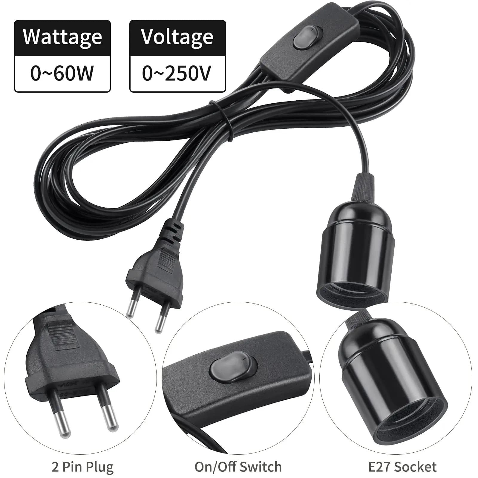 Prise ue 3.5m 6m câbles de cordon d'alimentation E27 support de Base de lampe avec fil de commutatio