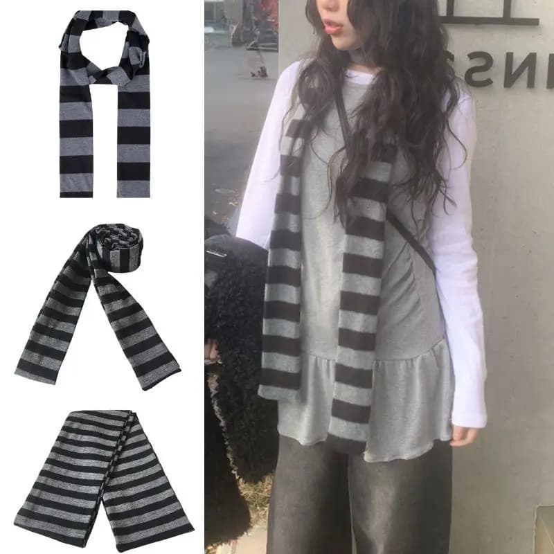 Y2K noir gris rayé écharpe pour femmes coton longue écharpe tour de cou écharpe Punk maigre mince co