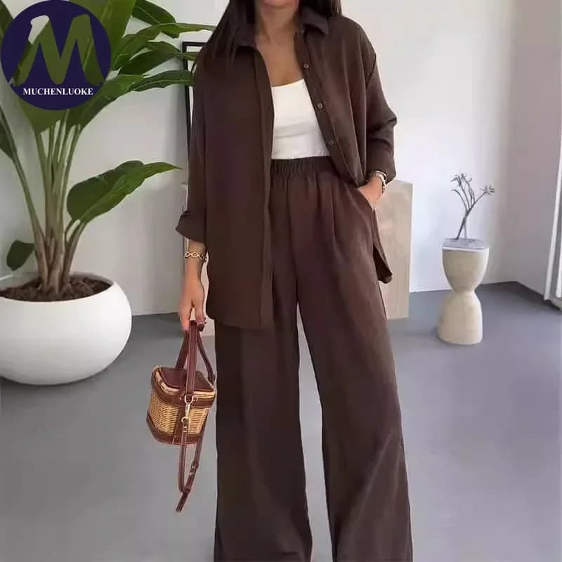 Ensemble 2 pièces mode été pour femme : chemise polyvalente à manches longues et revers, et pantalon