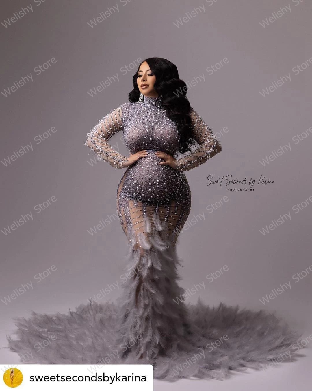 Robe de Sirène Perlée et Pailletée pour Femme Enceinte, Tenue Longue Sexy en Clip et Diamant avec Pl