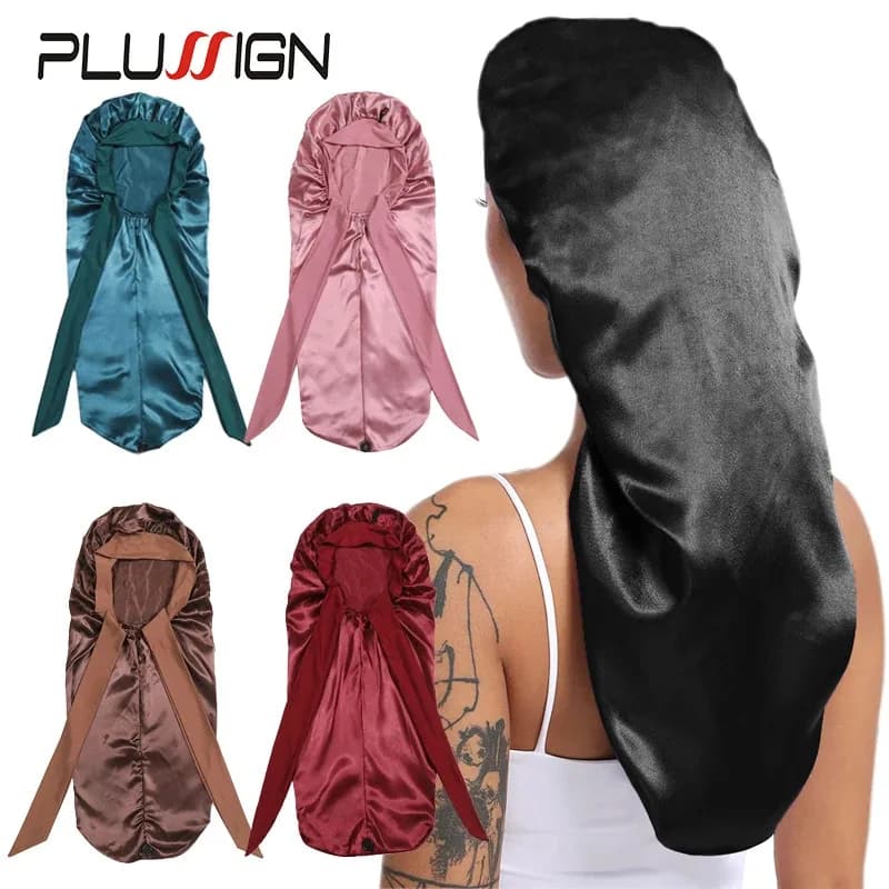 Bonnet de nuit Long en Satin pour femmes noires, couleur unie, Extra Large, avec cravate longue, Bon