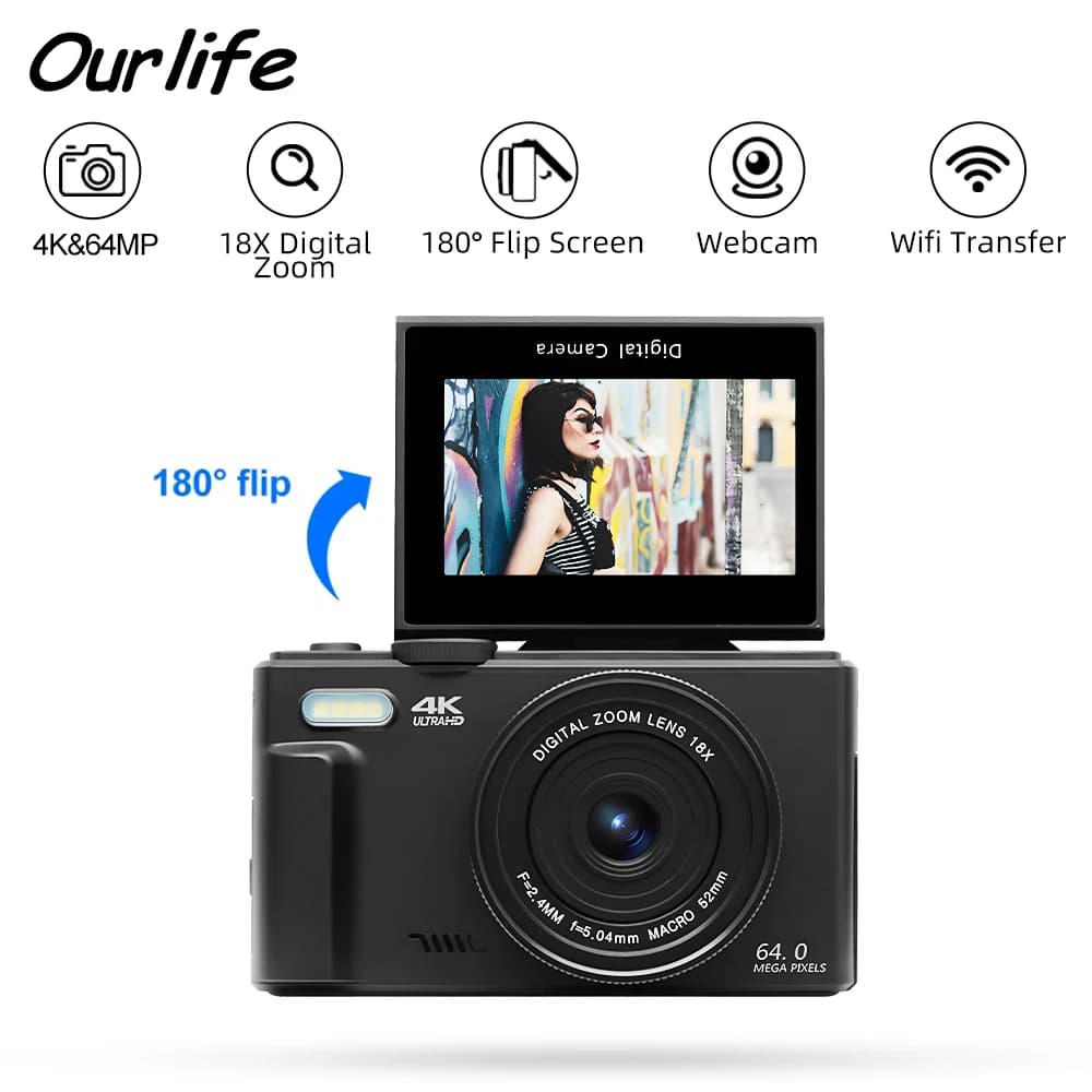 Appareil photo de photographie numérique compacte, Zoom numérique 4K 18X, enregistreur vidéo Vlog Vi