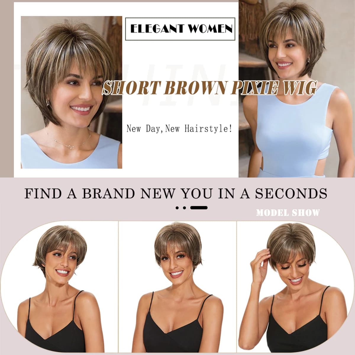 Short marron pour femmes blanches, coupe Pixie superposée avec reflets blonds, cheveux synthétiques 