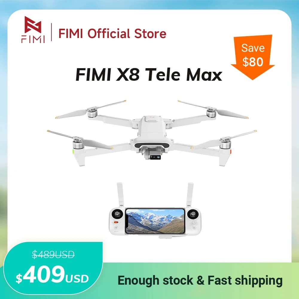 Drone FIMI X8 Tele Max, portée 20 km, caméra téléobjectif grand angle, zoom hybride 30x, 4K 60 ips, 