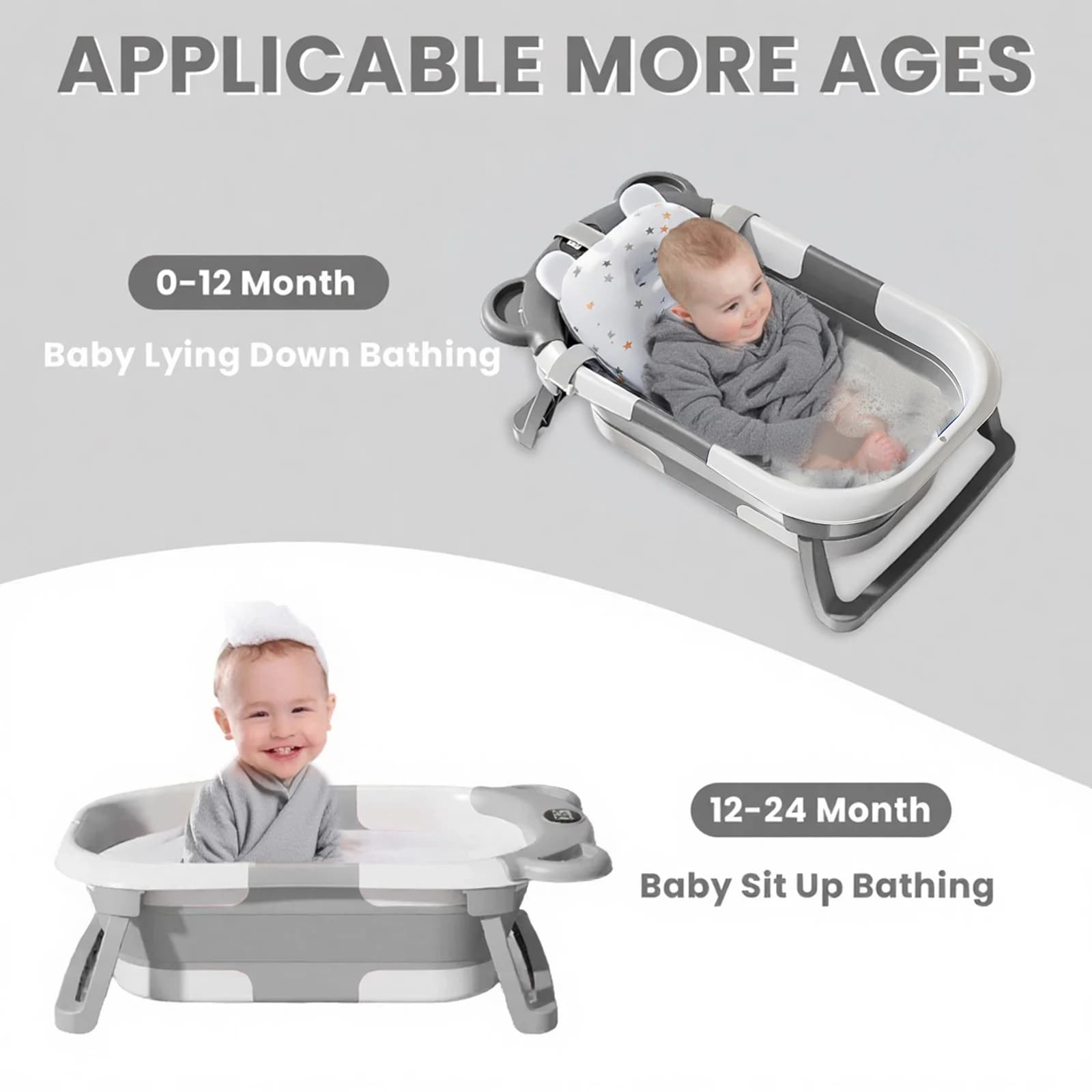 Baignoire pliable pour nouveau-né, avec thermomètre et 1 coussin flottant doux, baignoire de voyage 