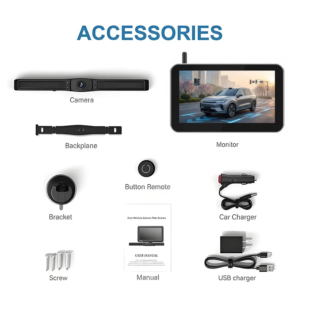 Caméra de recul solaire sans fil avec moniteur 7 pouces 1080P, batterie rechargeable 4800mAh, étanch