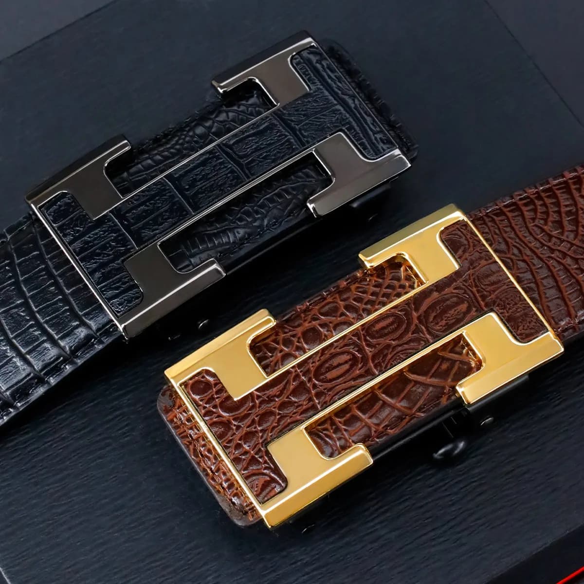 Ceinture élégante à boucle automatique pour hommes – Véritable motif carré texturé en faux, noir, de