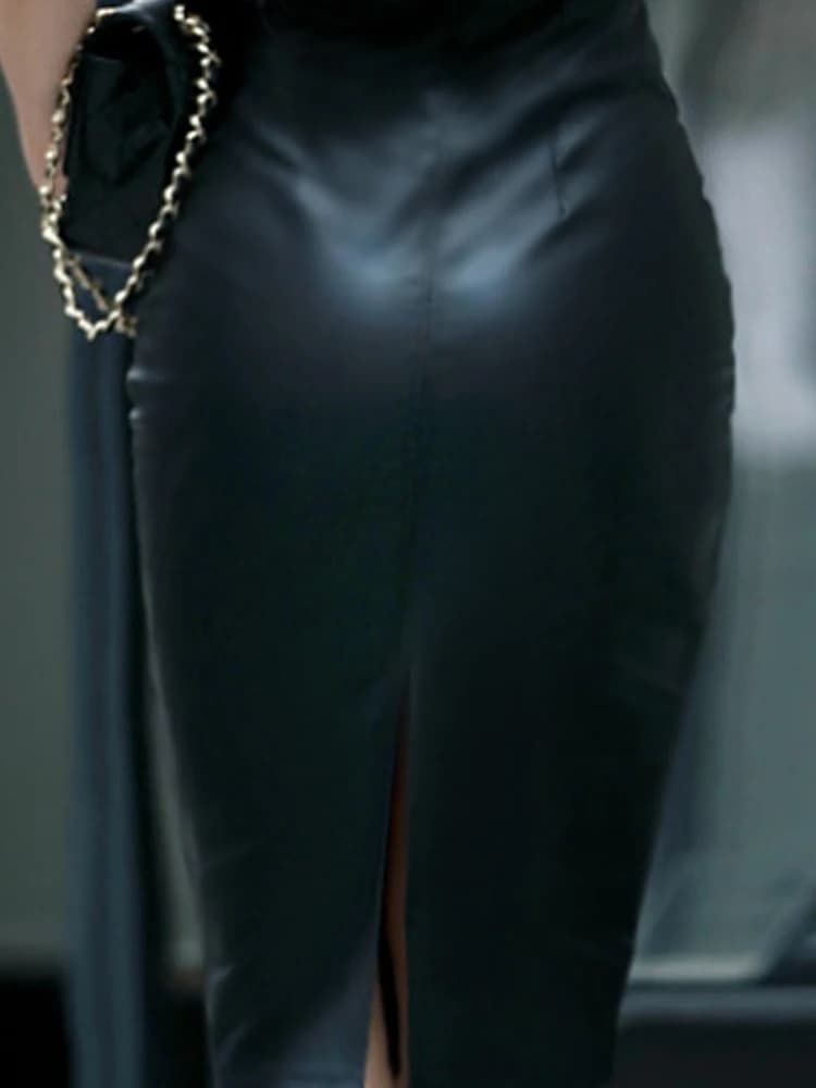 Jupe mi-longue en cuir PU pour femme, jupes fendues avant ou arrière, hanche GT sexy, bureau, noir, 
