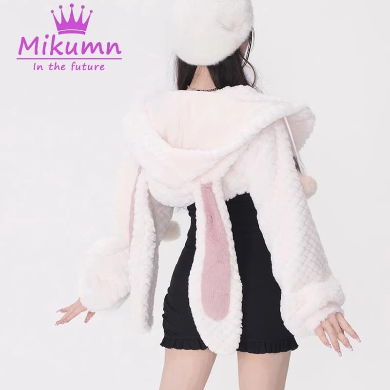 Mikumn japonais Harajuku filles belles oreilles de lapin veste courte Lolita Kawaii à capuche en pel