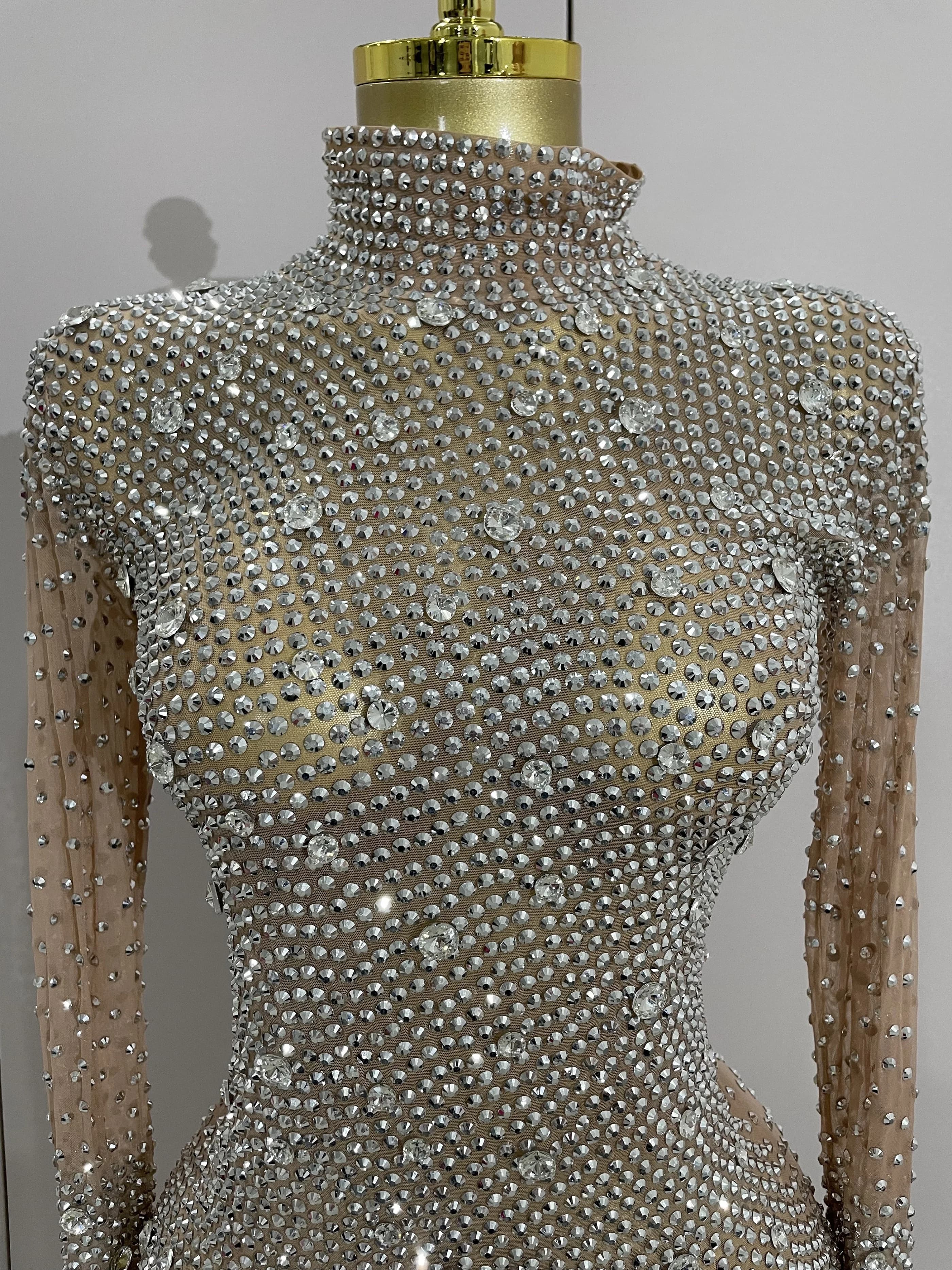 Gants à manches longues avec strass scintillants, body extensible pour femmes, soirée de luxe, fête 