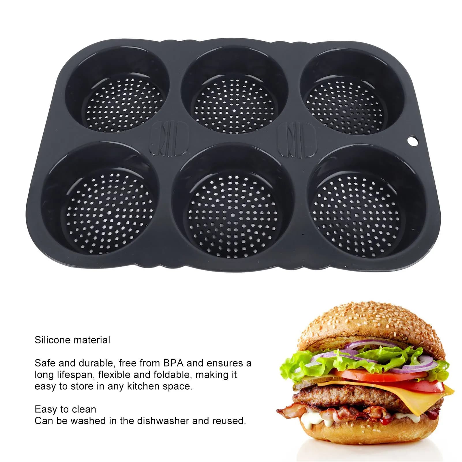 Moule à pain à Hamburger à 6 cavités, poêle pliable et réutilisable, moule à pain-40 ℉   à +446 ℉   