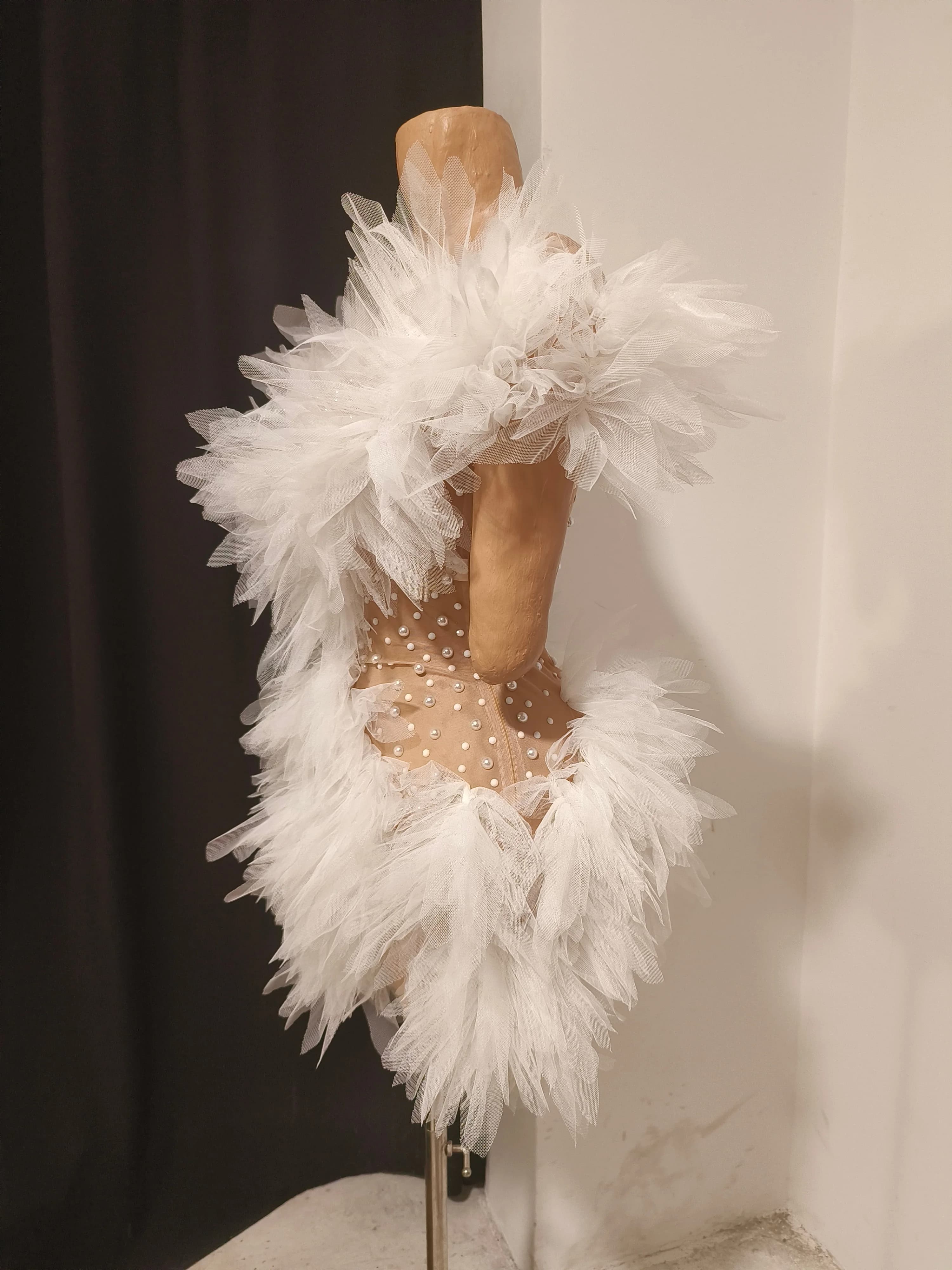 Robe mini en tulle blanc luxueuse pour femme, sexy, transparente, ornée de perles et de cristaux, mo