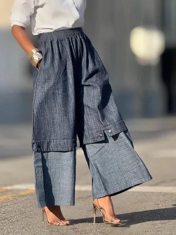 UOOZEE urbain femme Streetwear couches Denim pantalon à jambes larges ample élastique taille haute p