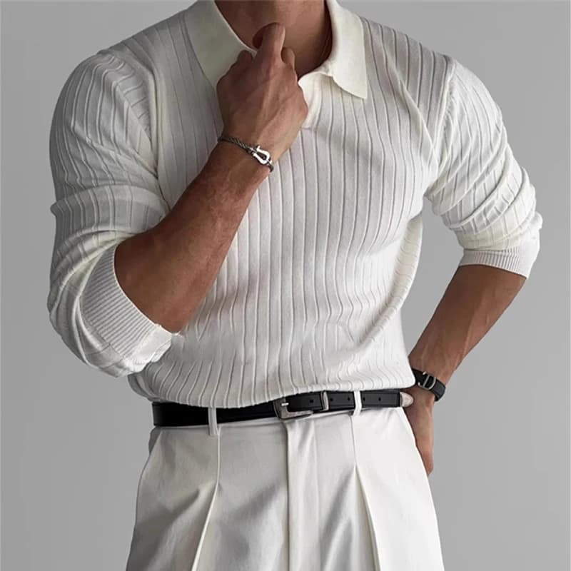 Polo de luxe en Jacquard tricoté pour hommes, col en v, couleur unie, manches longues, populaire cor