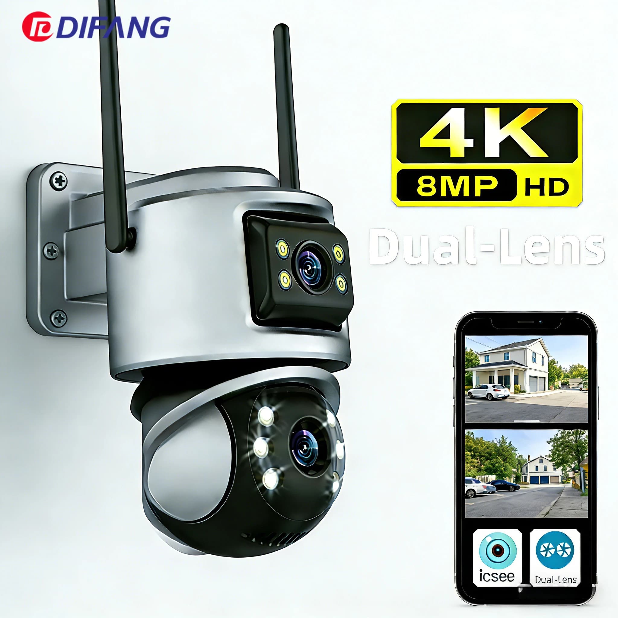 Icsee 8MP 4K WiFi caméra extérieure double objectif double écrans réseau IP AI détection humaine CCT