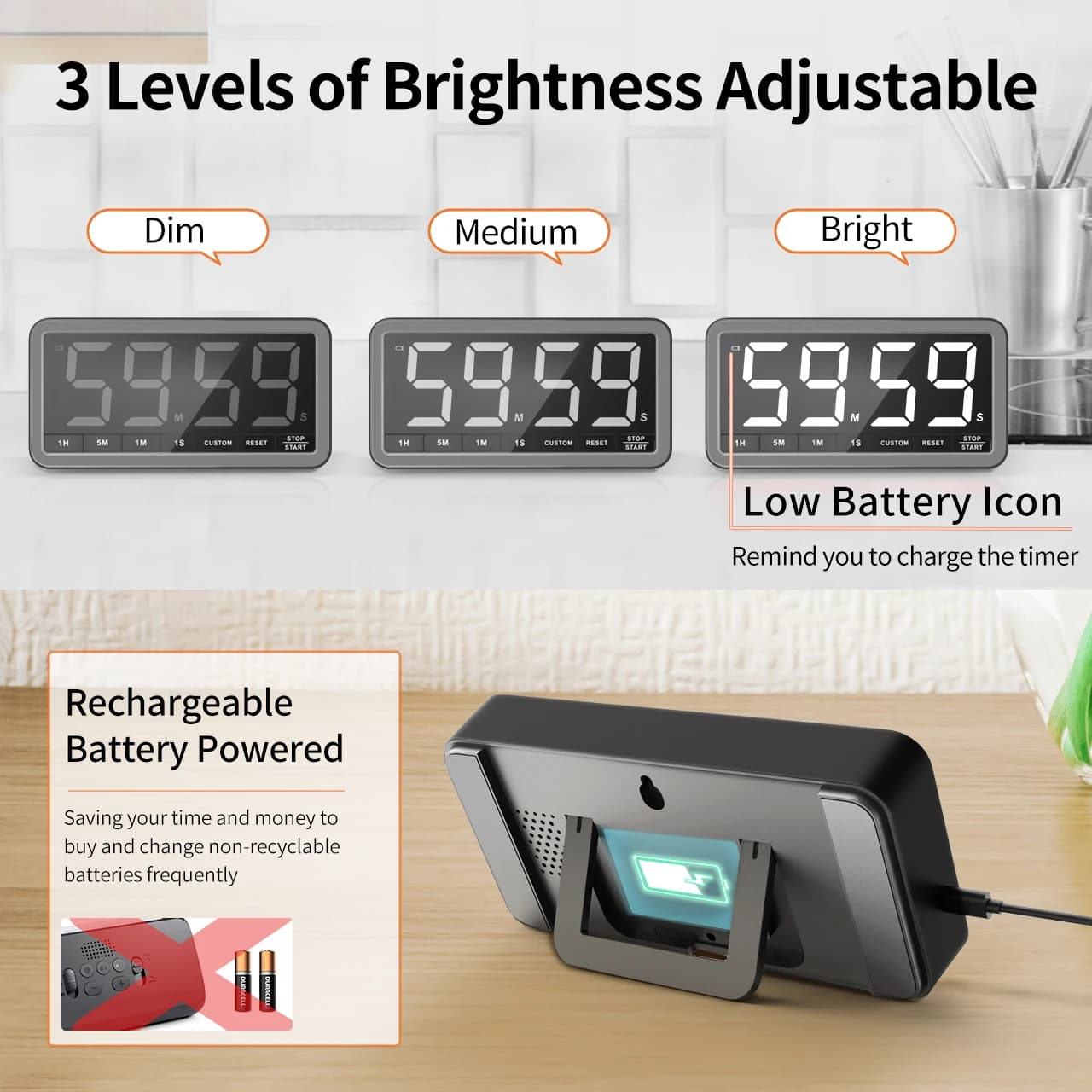 Minuteur de cuisine numérique LED rechargeable VOCOO, grand format, portable, magnétique, avec compt