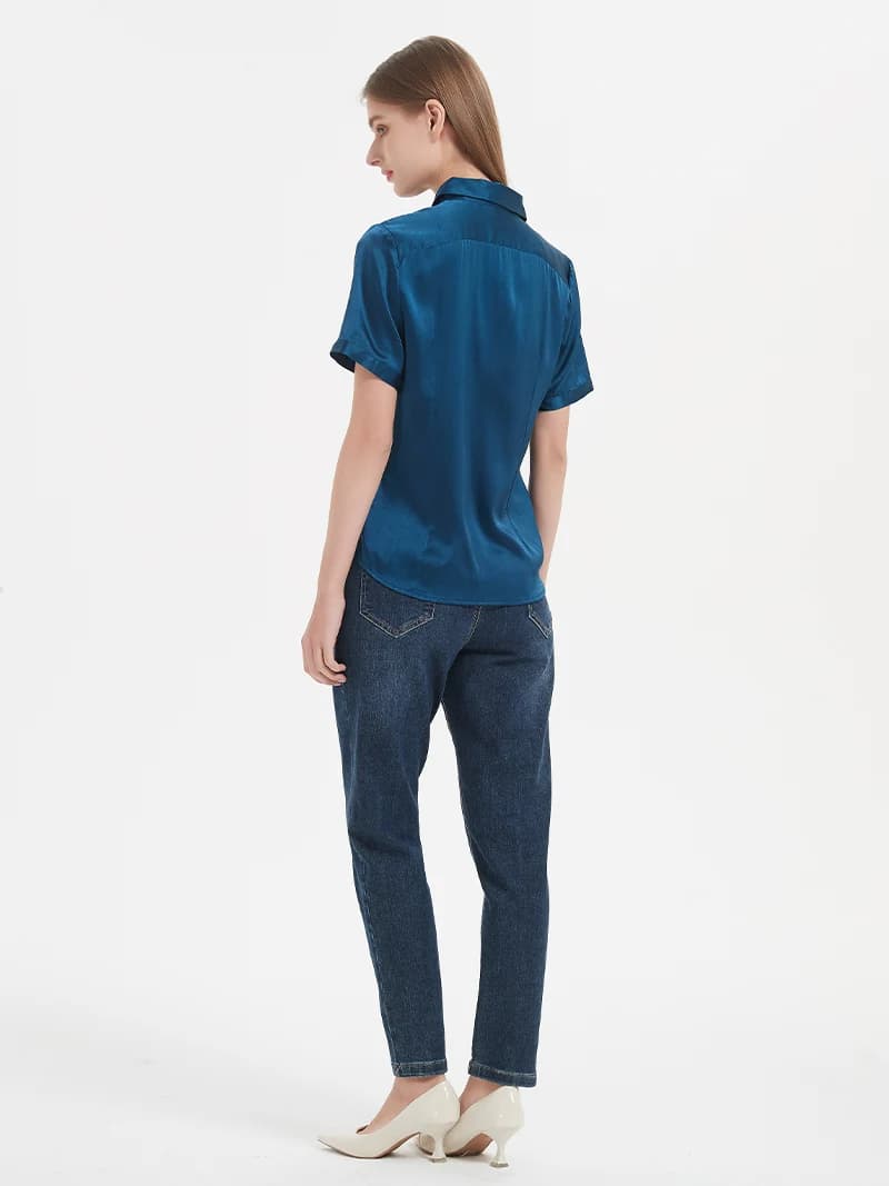 SuyaDream, Chemises unies pour femme, 95% Soie 5% Spandex, Manches courtes, Blouses blanches chics, 