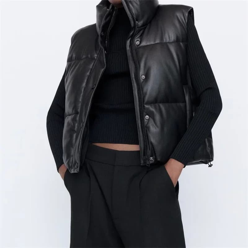Veste en similicuir PU pour femme, gilet en duvet, PU noir, glaçure bouffante, parkas optiques, stre