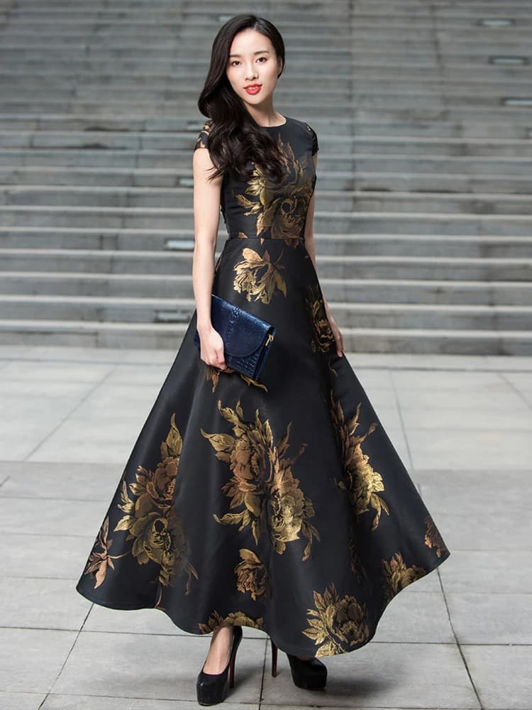 Robe Jacquard Vintage Élégante pour Femmes avec une Silhouette Maxi Évasée Cintrée à la Taille, Idéa