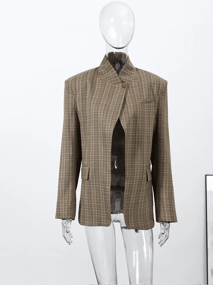 Nouveau Blazer Vintage à Carreaux pour Femme, Col Montant, Un Bouton, Poches, Veste de Costume Fémin